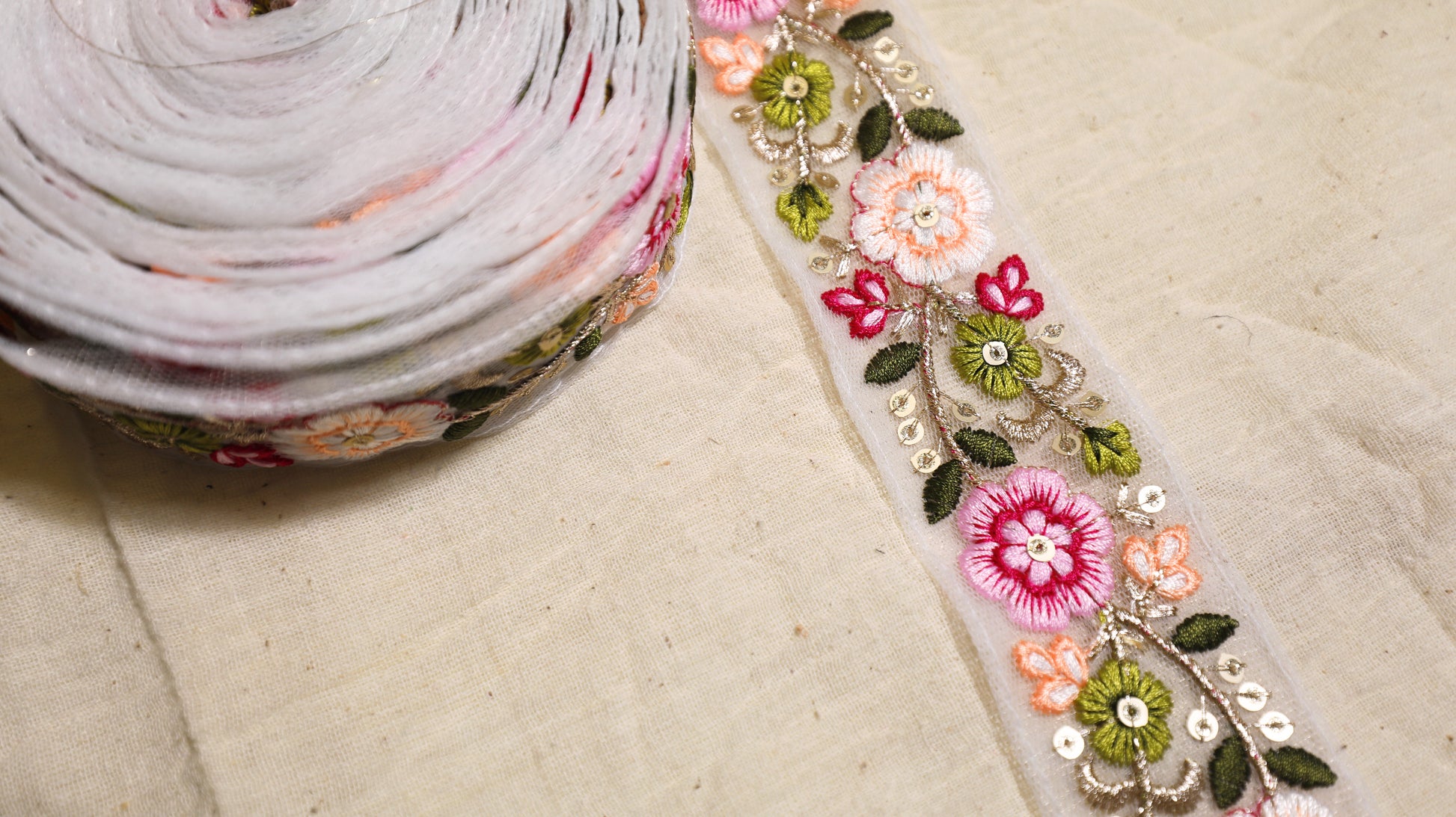 OD2511 Floral Embroidered Net Trim – Multicolor with Sequin Accents