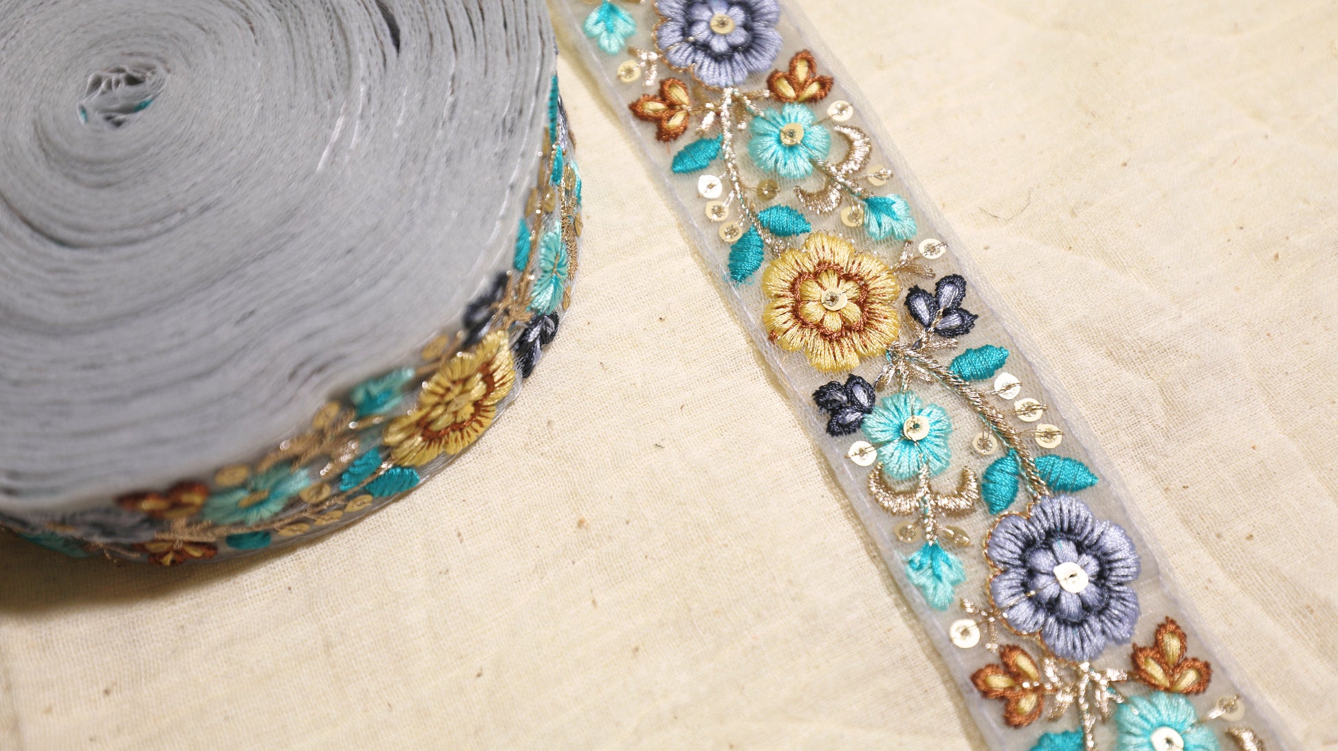 OD2511 Floral Embroidered Net Trim – Multicolor with Sequin Accents