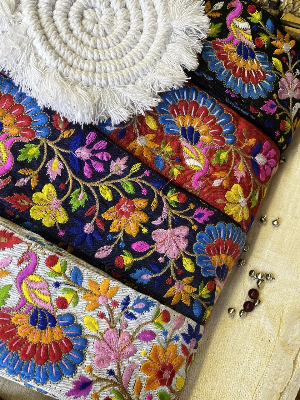OD2509 Multicolor Floral and Peacock Embroidered Trim – Vibrant Ethnic Lace