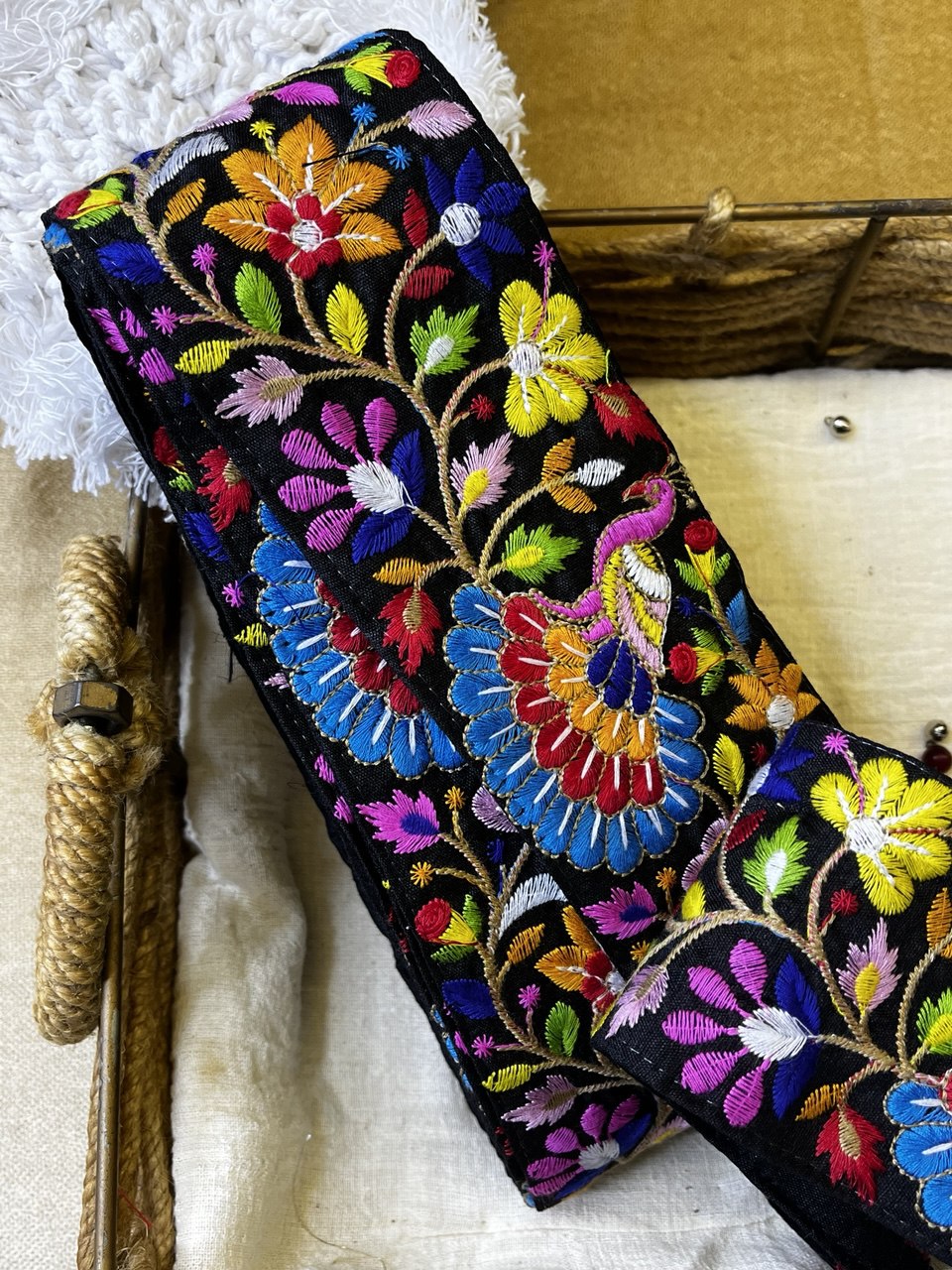 OD2509 Multicolor Floral and Peacock Embroidered Trim – Vibrant Ethnic Lace