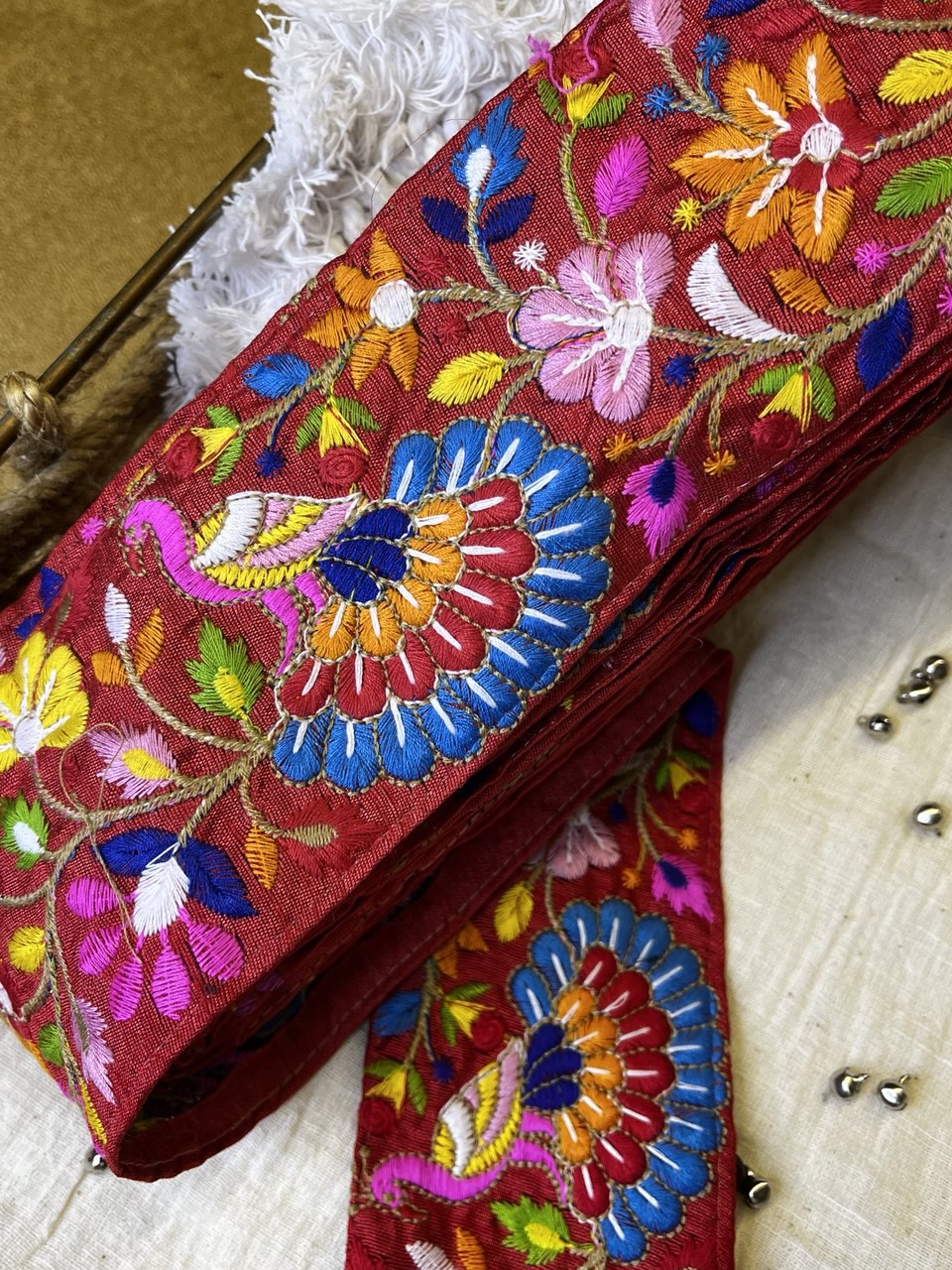 OD2509 Multicolor Floral and Peacock Embroidered Trim – Vibrant Ethnic Lace