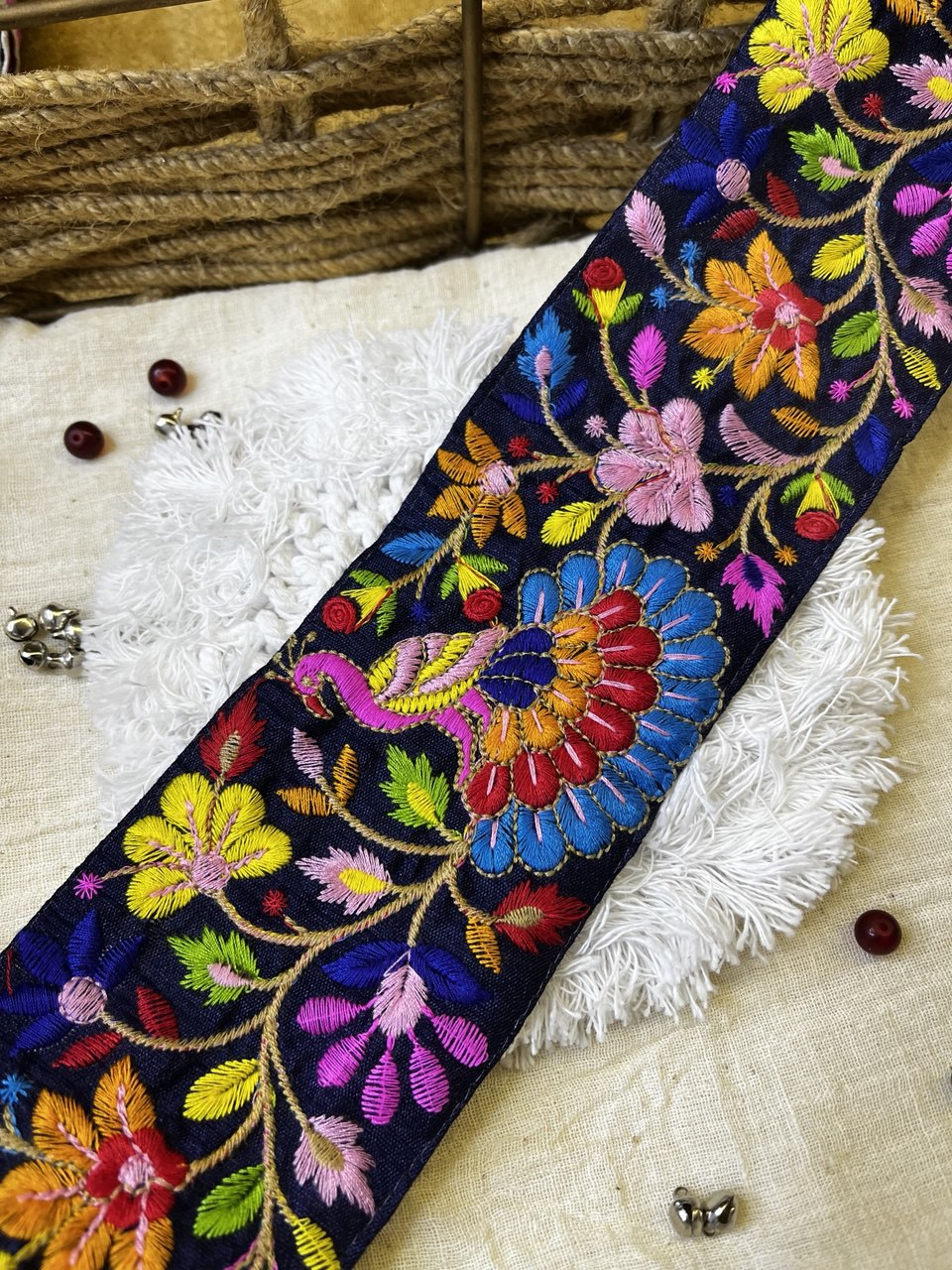 OD2509 Multicolor Floral and Peacock Embroidered Trim – Vibrant Ethnic Lace