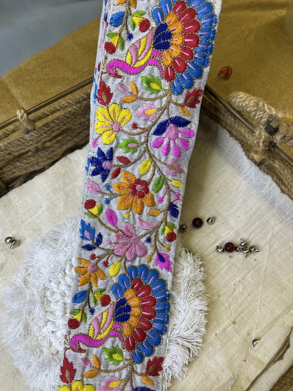 OD2509 Multicolor Floral and Peacock Embroidered Trim – Vibrant Ethnic Lace