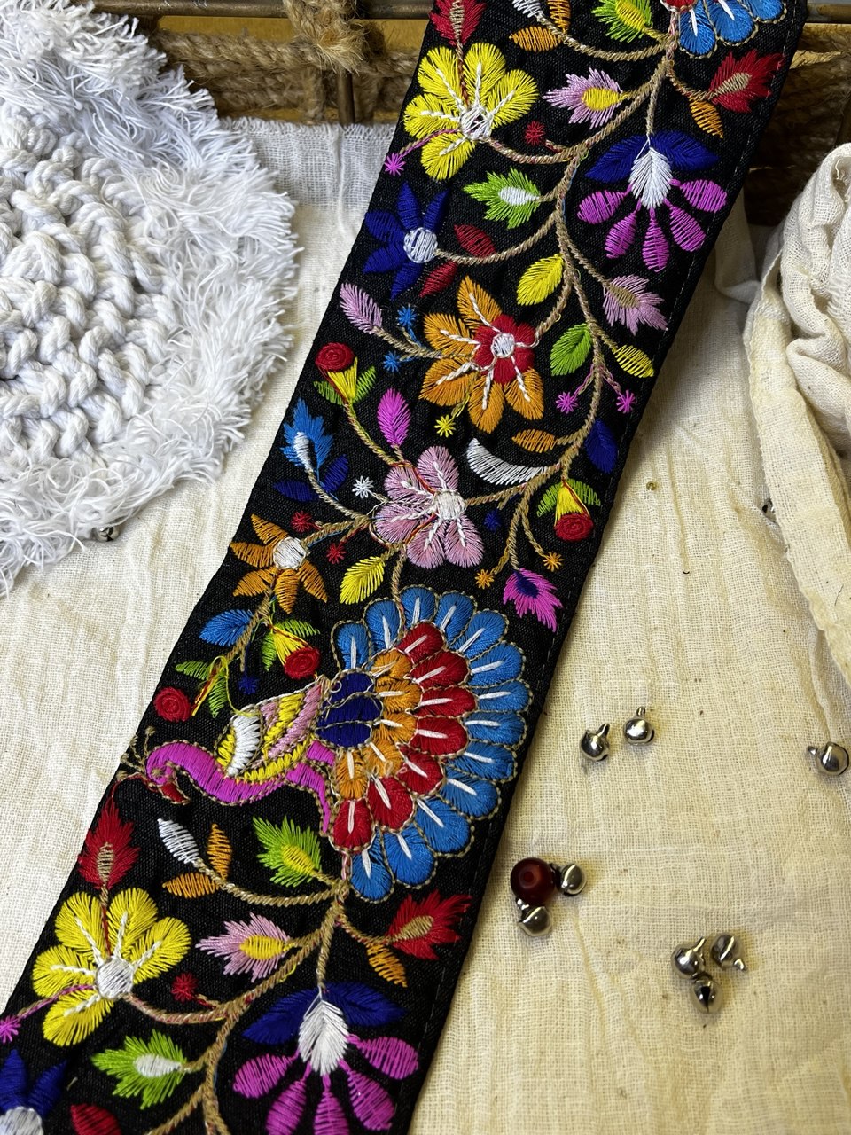 OD2509 Multicolor Floral and Peacock Embroidered Trim – Vibrant Ethnic Lace
