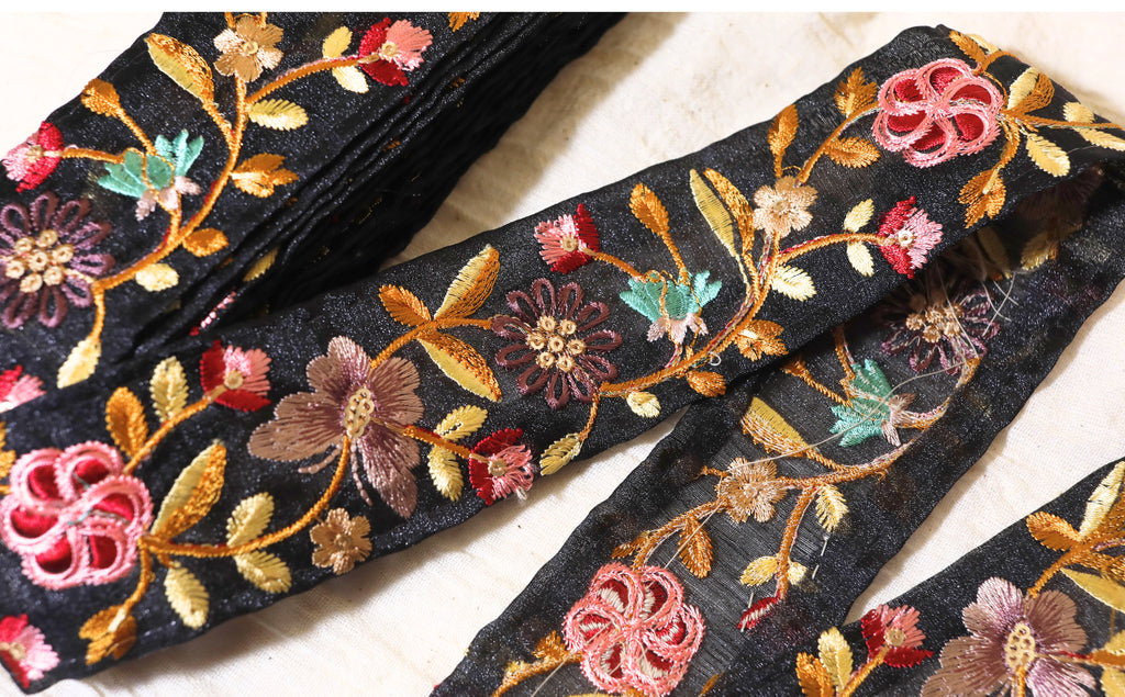 OD2506 Elegant Black Floral Embroidered Trim – Midnight Garden Collection