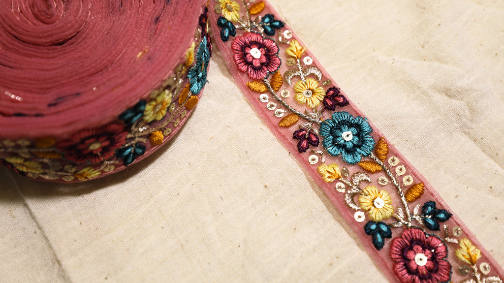 OD2511 Floral Embroidered Net Trim – Multicolor with Sequin Accents