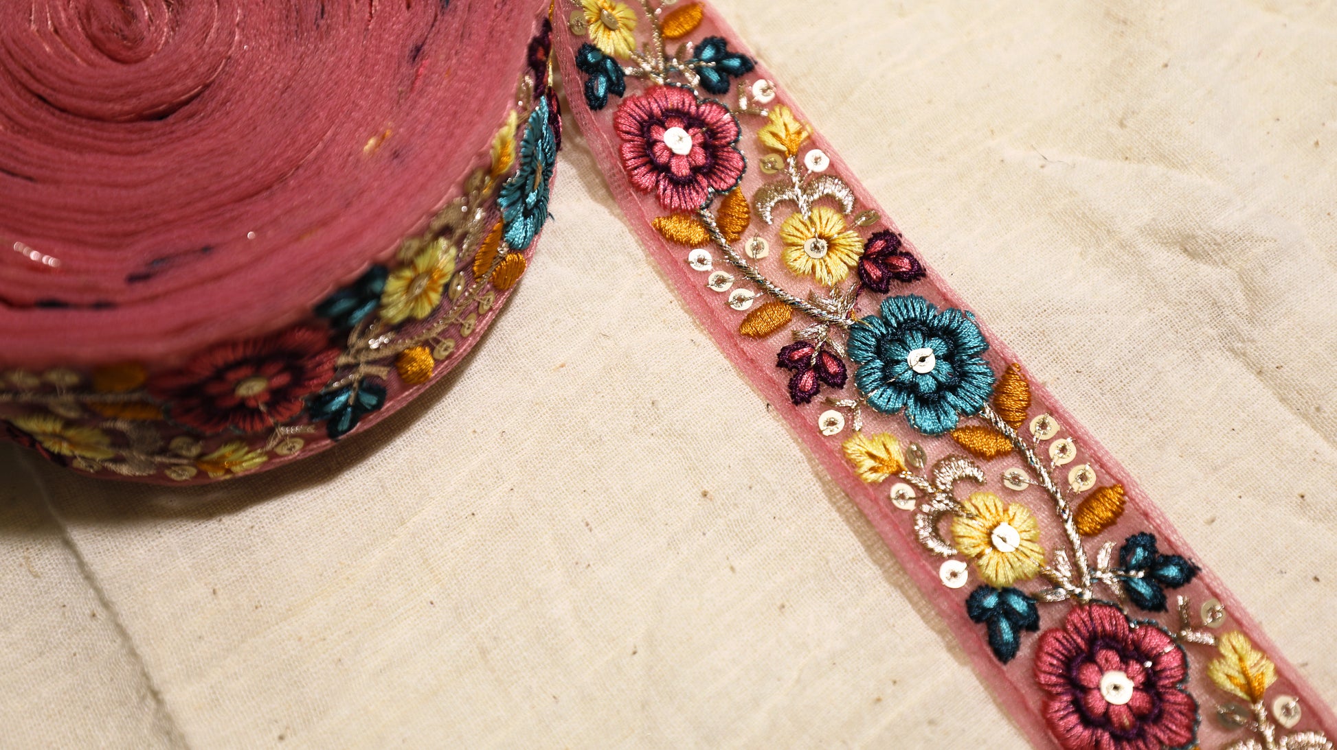 OD2511 Floral Embroidered Net Trim – Multicolor with Sequin Accents