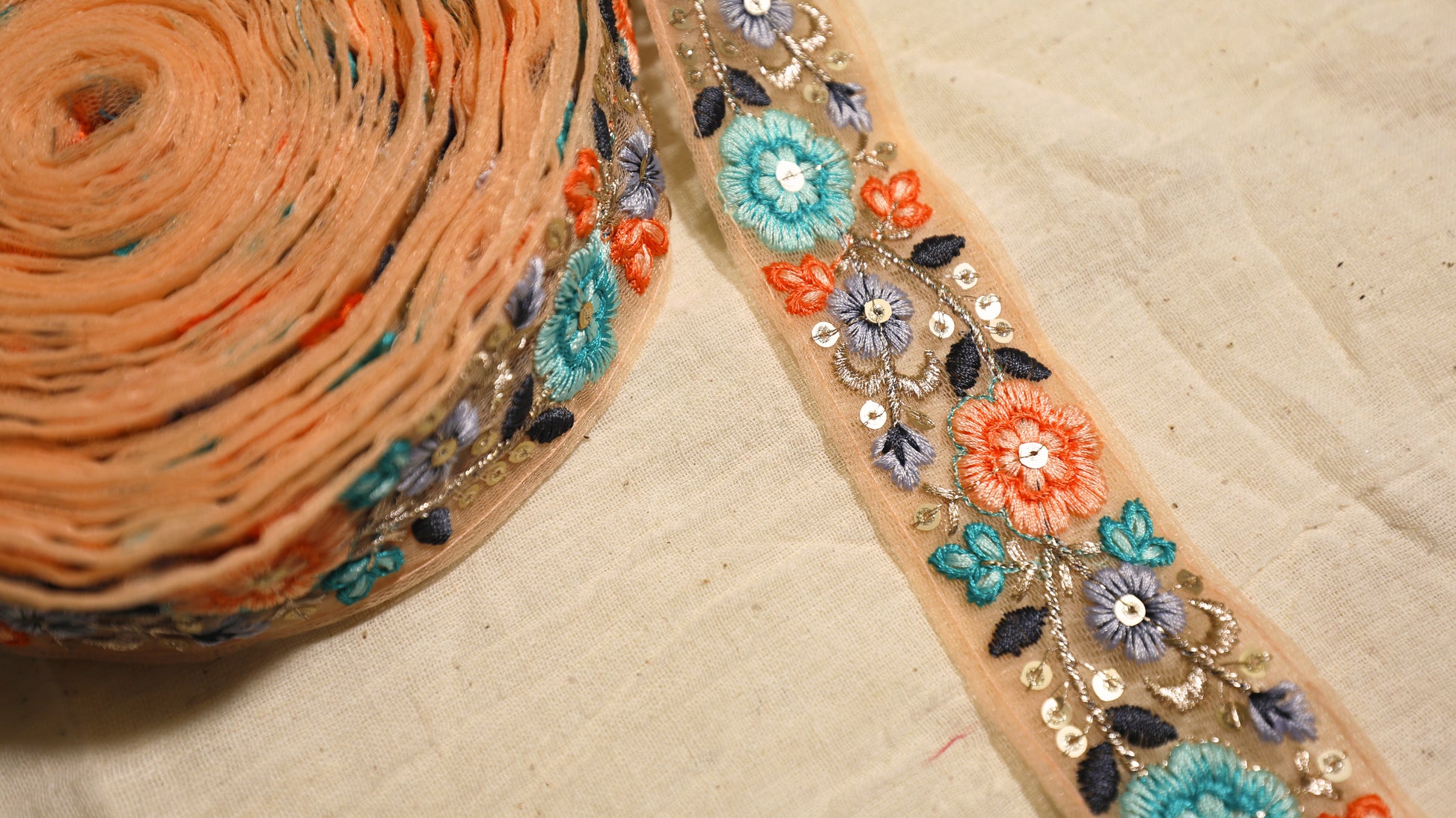 OD2511 Floral Embroidered Net Trim – Multicolor with Sequin Accents